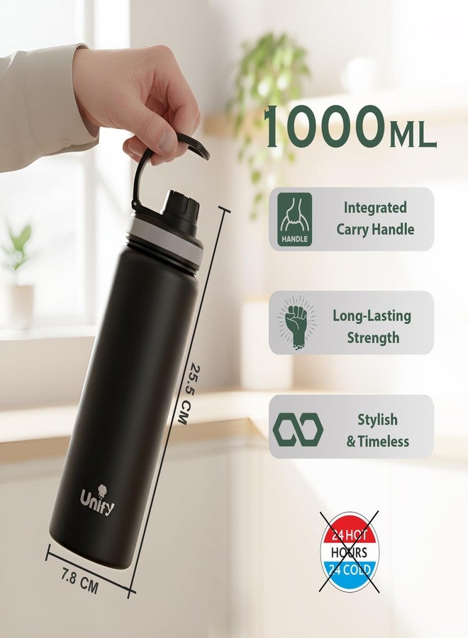 Unify 1 Piece Stainless Steel Sipper Bottle 1000ml | Leak Proof Single Wall Fridge Bottle | Easy to Carry Handle for Gym, Office, School, Travel & Trekking | Slim Design (Black, 25.5cm) - Image 2